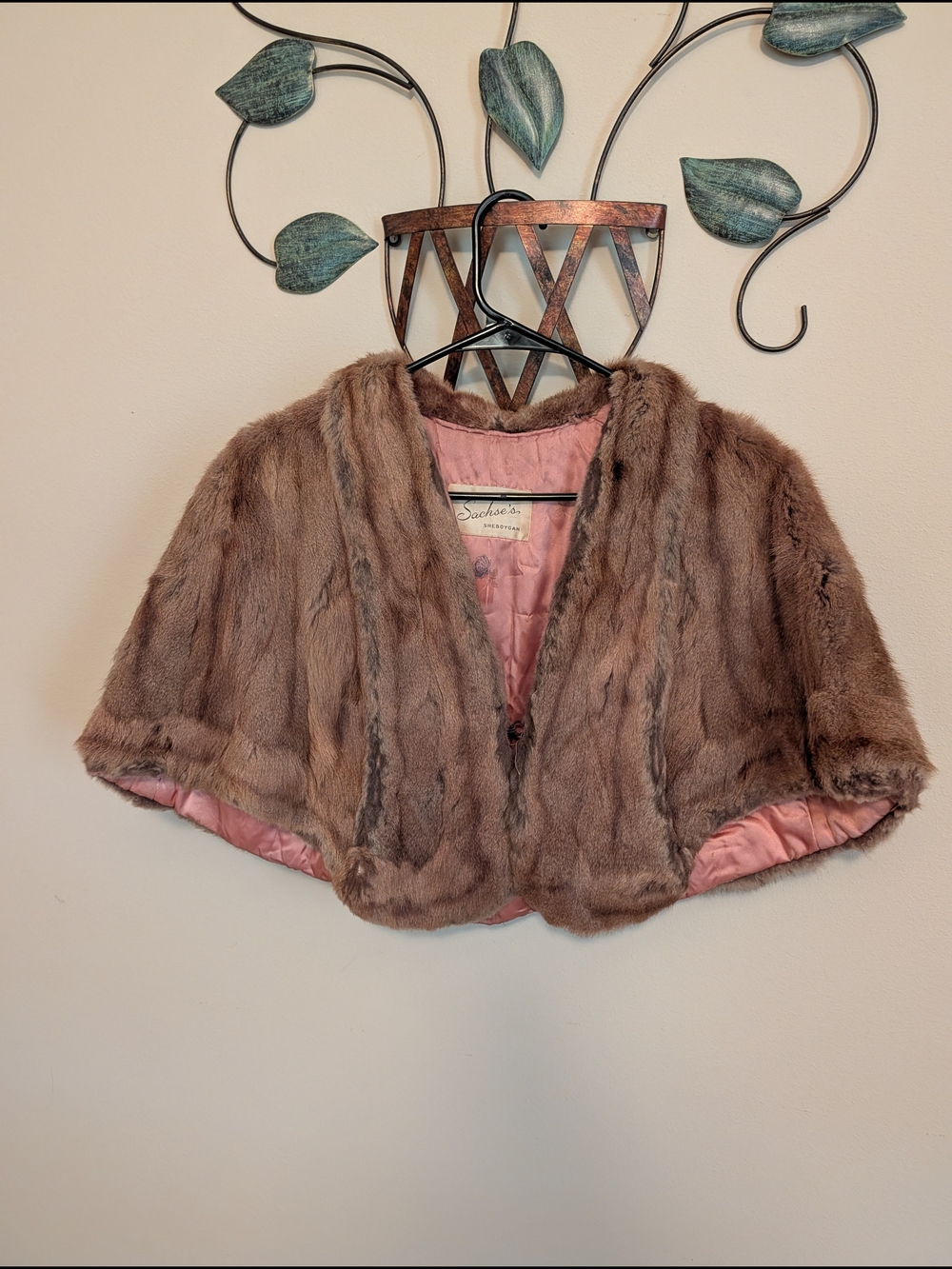 Vintage Fur Stole/Capelet with Pink Lining